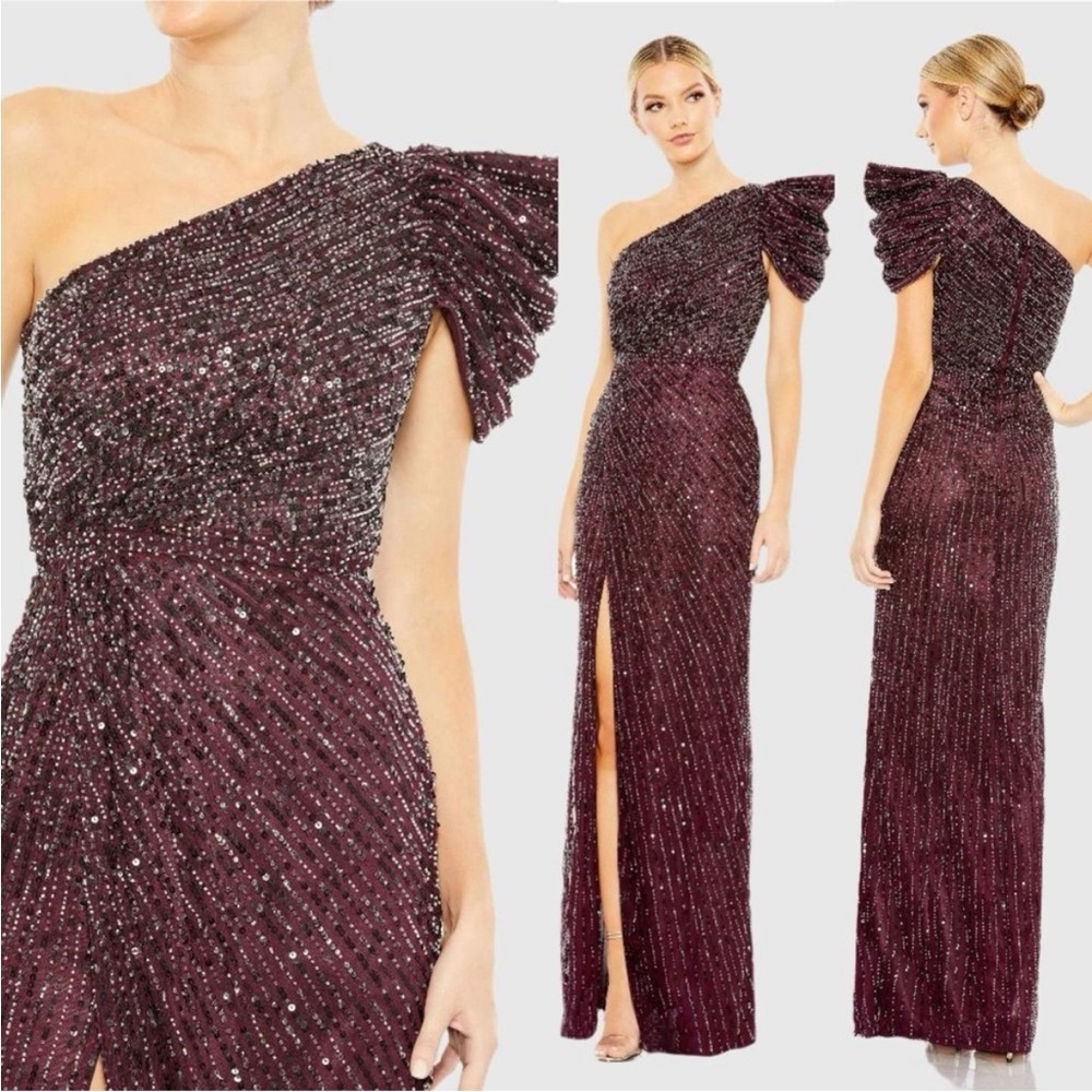 Mac Duggel 5622 Puff Sleeve One Shoulder Sequins Gown Dress Size 4 Evening Prom
